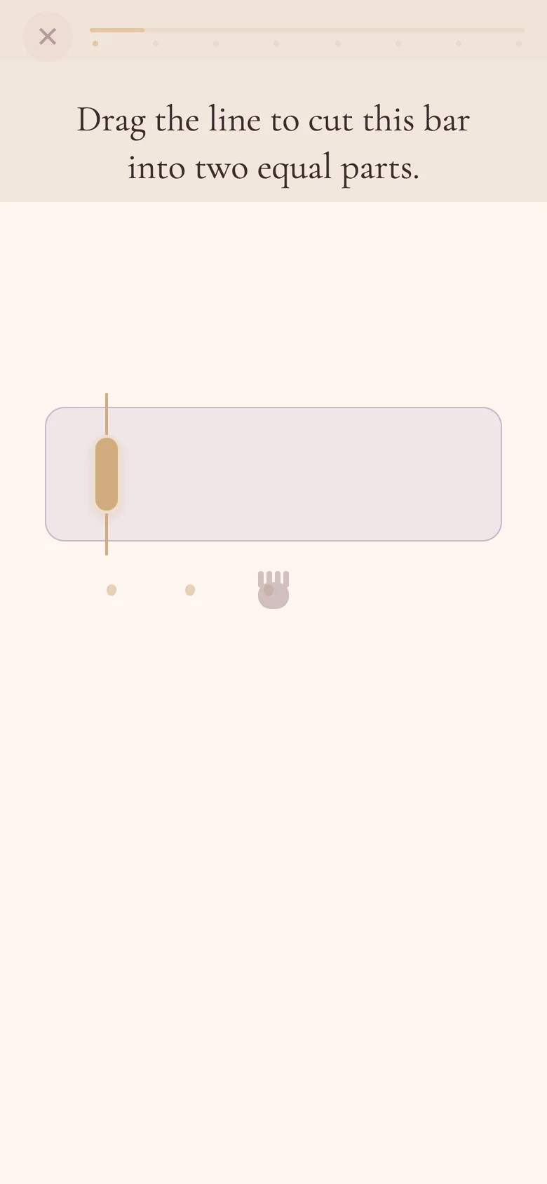 A fractions lesson asking you to drag a line to cut a bar into two equal parts