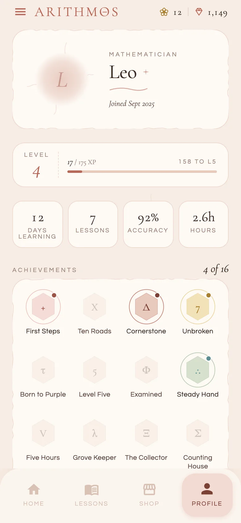 The profile screen: level four, twelve days learning, seven lessons, 92 percent accuracy, and a grid of achievements