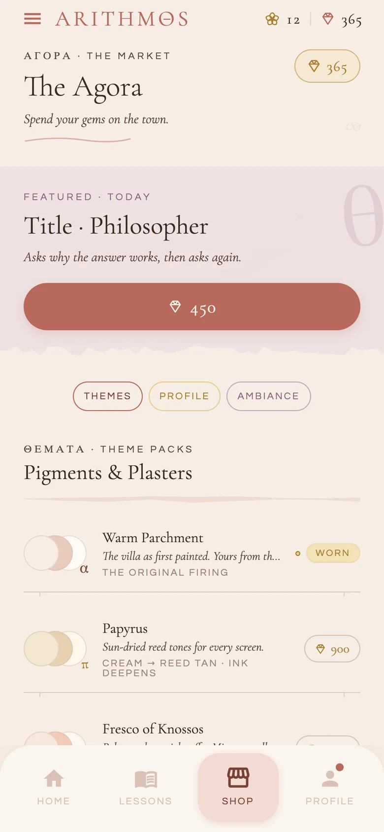 The Agora, the in-app market, with a featured title and theme packs priced in gems